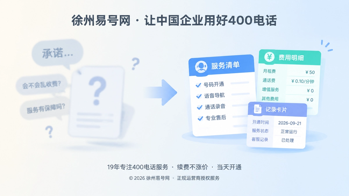 对比式扁平插画：左侧模糊承诺，右侧清晰服务清单与费用明细